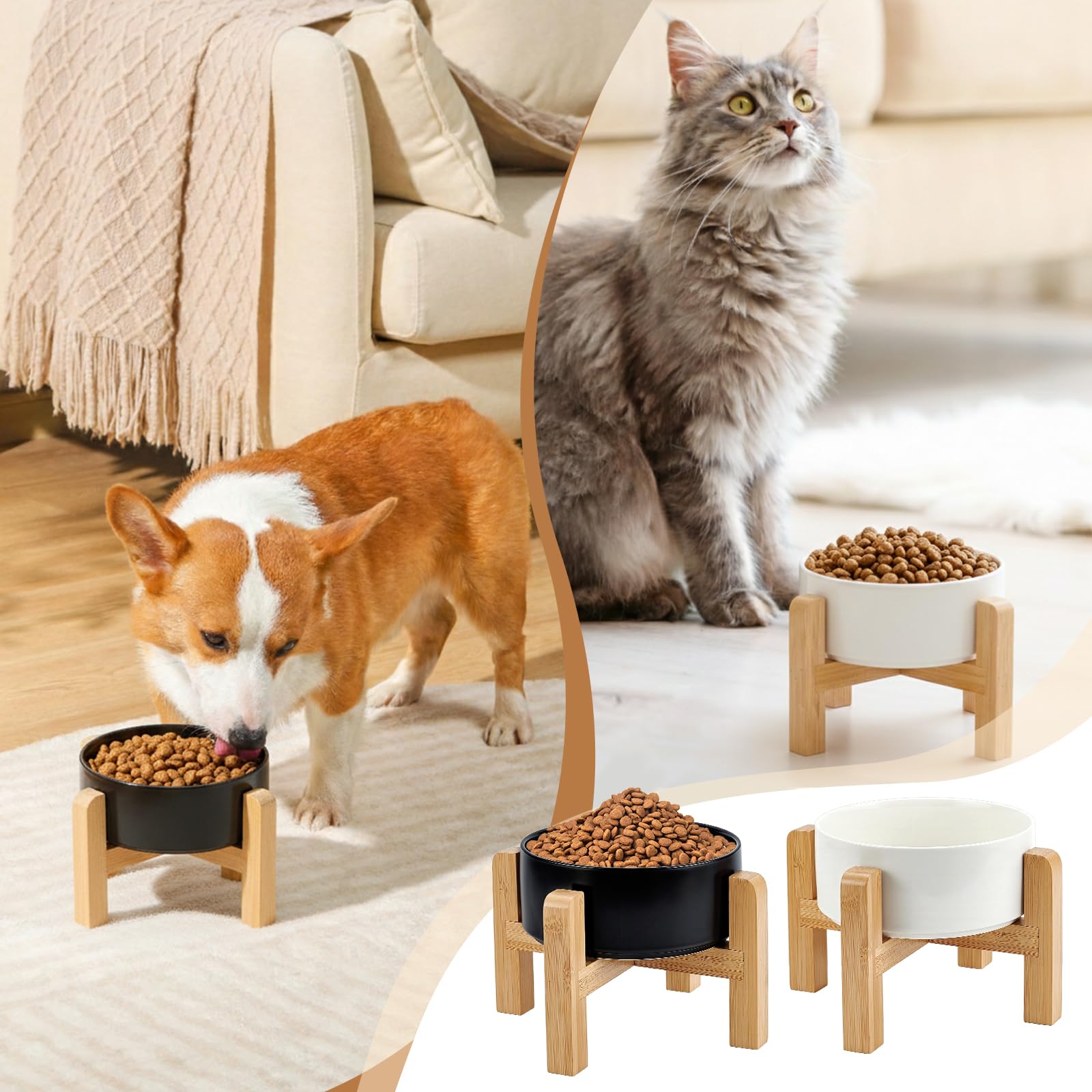2 gamelle Surélevée en Céramique de 15cm pour Chien Gamelles Surélevées pour Chiens avec Support en Bois Antidérapant Gamelles Robustes pour et Eau aux (Noir et Blanc)