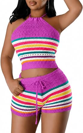 KANSOON Crochet Two Piece Set for Women Striped Halter Crop Top and Shorts | Soft Crochet Knit, Colorful Striped Design, Backless Top, High Waisted Drawstring Shorts, Sexy Summer Vacation Matching Set