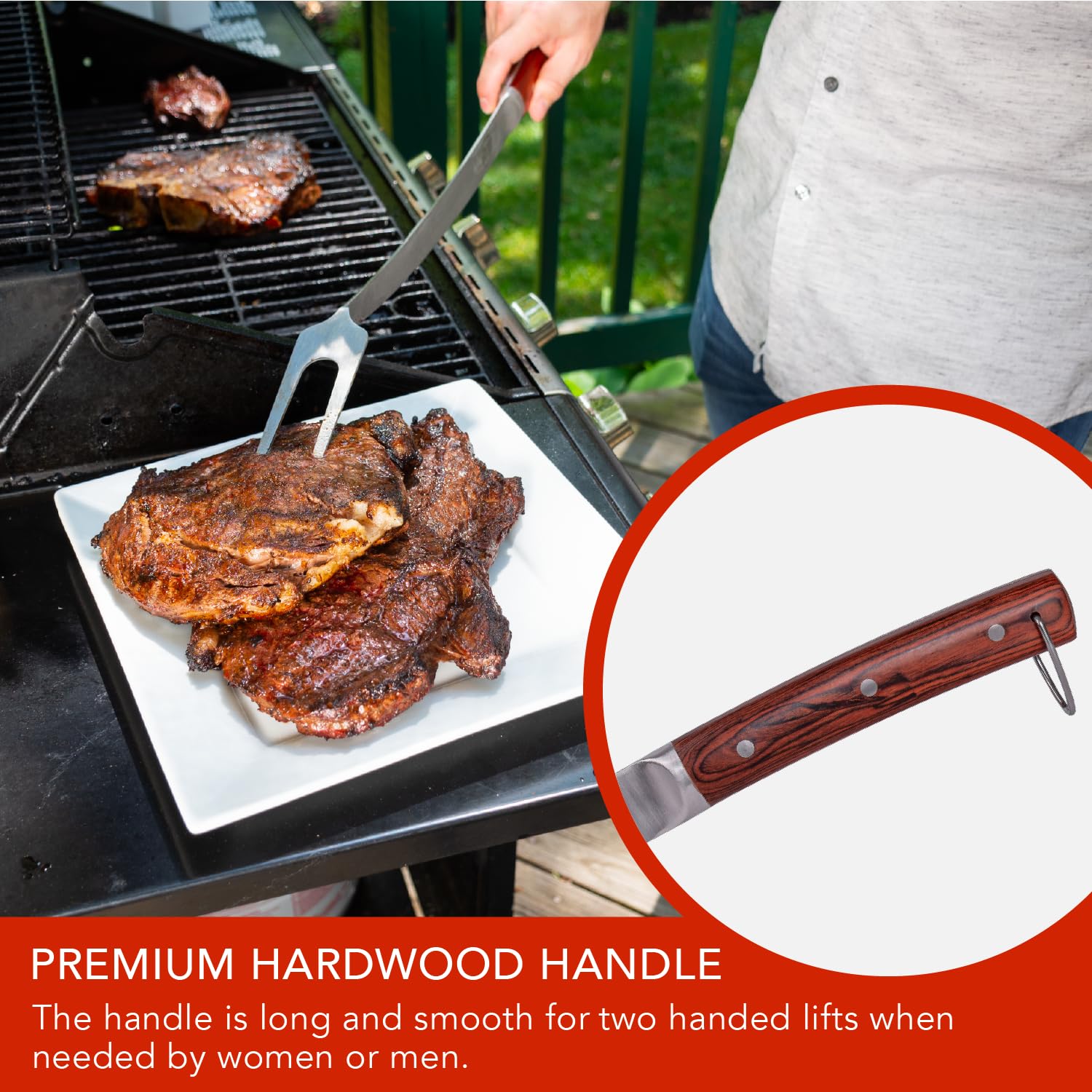 Tenedor de parrilla de 24 pulgadas súper largo para asar, parrilla y hoguera, cuello curvado extrafuerte, mango de madera dura, dientes grandes de acero inoxidable para barbacoa, cocina al aire libre
