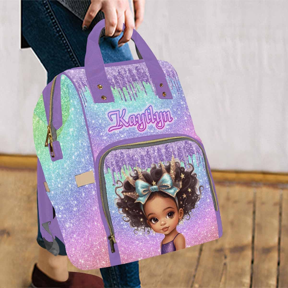 Personalized Diaper Bags for Women Men, Custom Purple Glitter Princess Diaper Backpack for Mom Wife Customized Multifunctional Travel Backpack Changing Bags for Mother