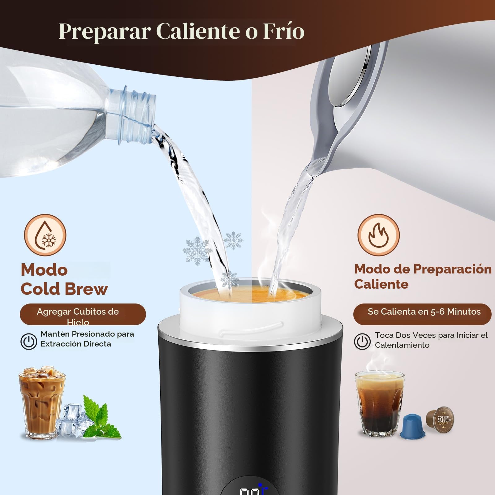 Cafetera Espresso Portátil, Cafetera Eléctrica 3 en 1, Cafetera Portátil Para Camping, mini Autocalentable, Compatible con Café Molido y Cápsulas