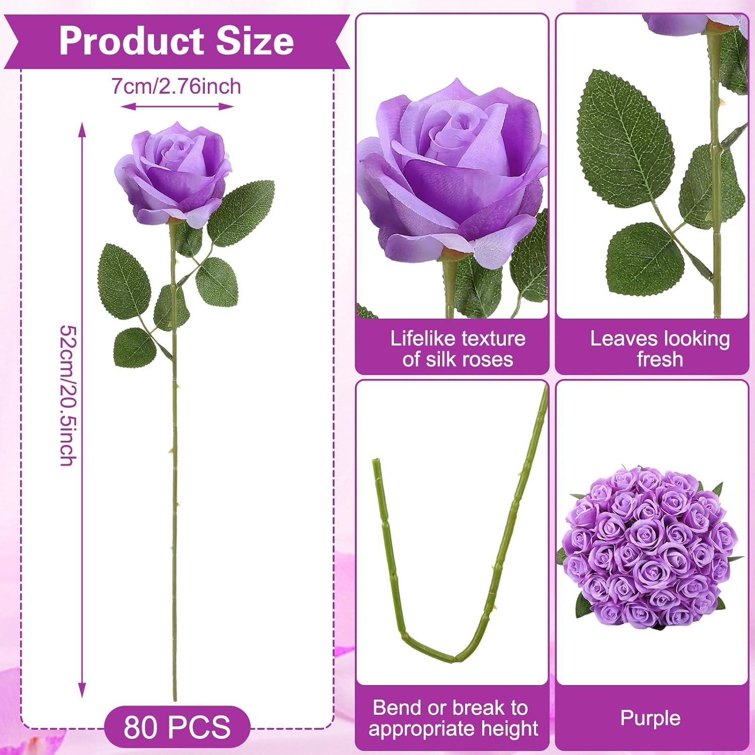 80 Pcs Roses Artificial Flowers, Silk Purple Artificial Flowers Petals Long Stem Roses for Wedding Bouquet Home Party Decor Purple 80