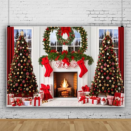 Miniatura 2 de Telón de fondo de chimenea de Navidad de 7 x 5 pies para sesión de fotos, fondo de pared blanco para fotografía, calcetines de árbol de Navidad,
