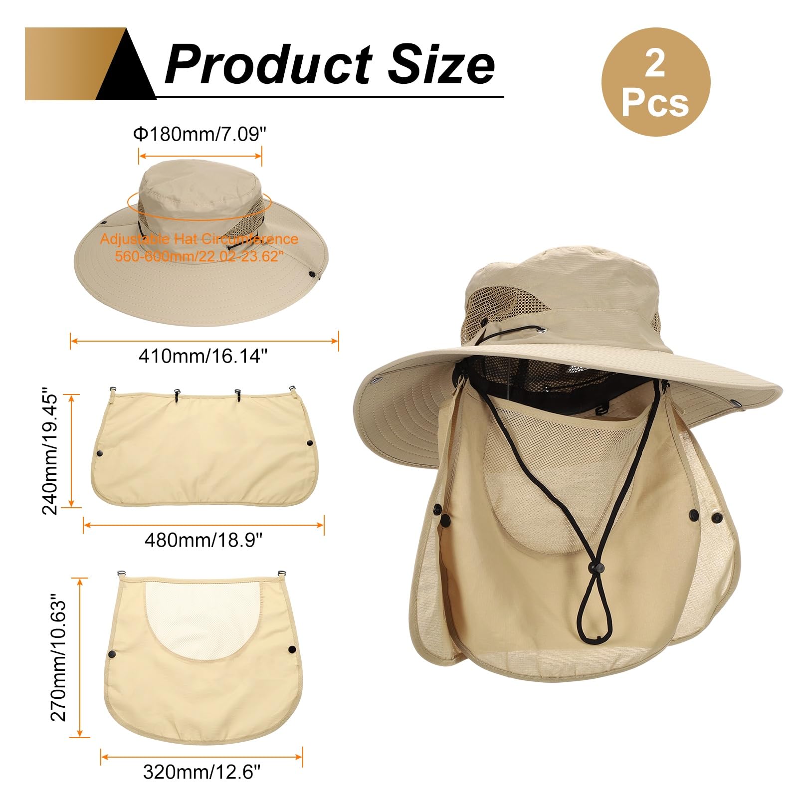QUARKZMAN 2 Pezzi Cappello A Teso Larga in Poliestere Unisex da Pesca | Cappello Di Protezione Solare, Con Ala Rimovibile, Per Viso E Collo, Per Spiaggia Escursionismo Giardino Lavoro In