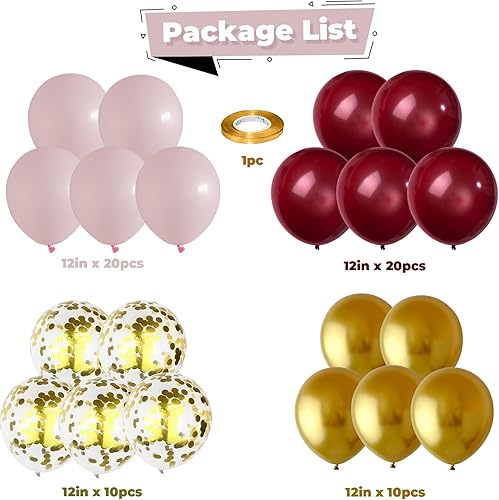 Miniatura 2 de Globos de color rosa burdeos dorado confeti cromado metálico, 60 globos de 12 pulgadas, globos de látex de helio de látex de 12 pulgadas para