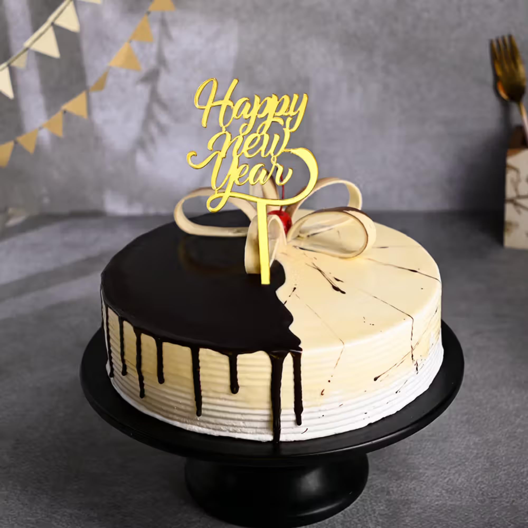 Floweraura New Year Special Fresh Yummy New Year Choco Vanilla Cake With Topper | New Year Celebration Cake | 2025 Celebrations Cake | New Year's Eve Cake | Party Cake (Same Day Delivery) (4Kg)-image-42
