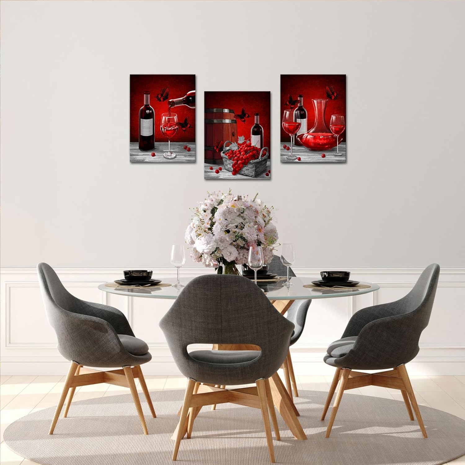 RnnJoile Red Kitchen Decor Grape Wine Glass Pictures Wall Art Wine Glass Canvas Paintings for Dining Room Chateau‌ Wall Decor Framed 12"x16" for Each (Red)