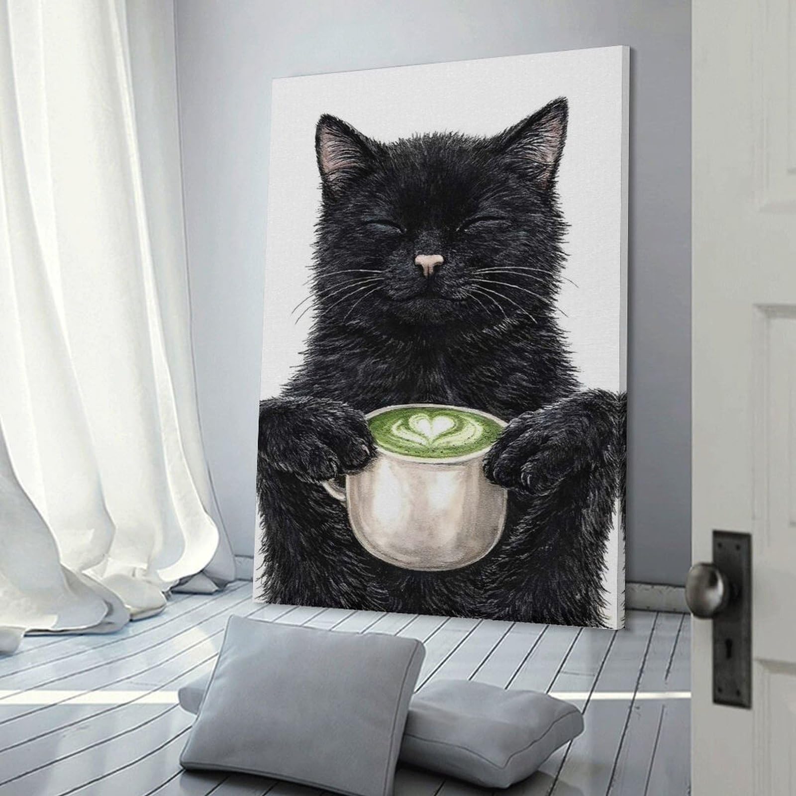 Junmoney Frame-Style-19 Black Cat Holding Matcha Latte Wall Art Print, 20X30inch(50X75cm), For Corridors, Hallways Or Apartment Entries, Wall Decor To Refresh Empty Corners