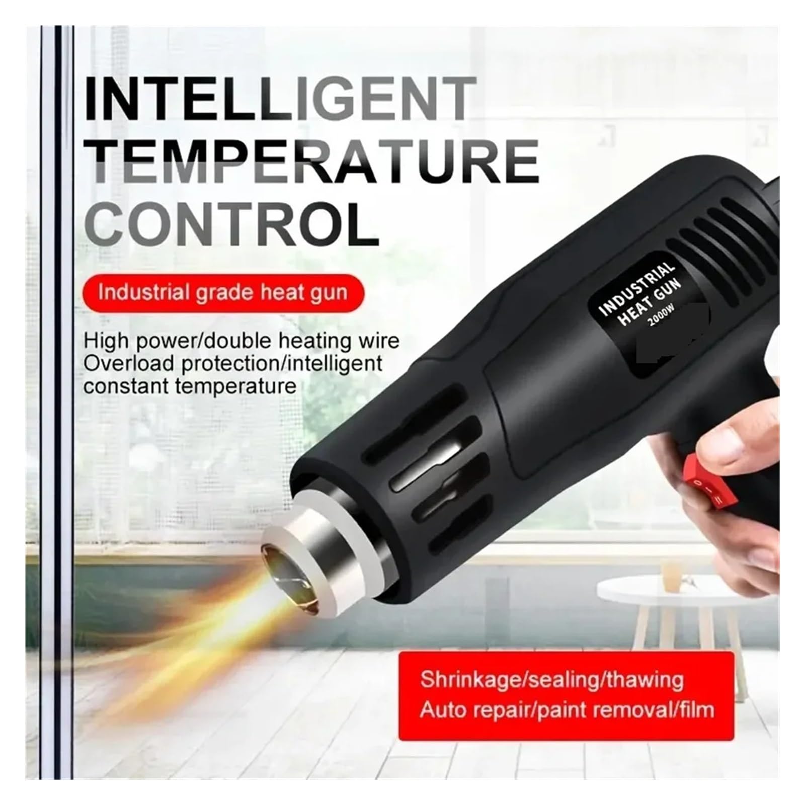 Pistolet Na Gorącą Wiatrówkę O Mocy 2000 W. Regulacja Temperatury Dużej Przemysłowa Elektryczna Opalarka. Do Pieczenia Folii Samochodowej Mocne, Szybkie Nagrzewanie