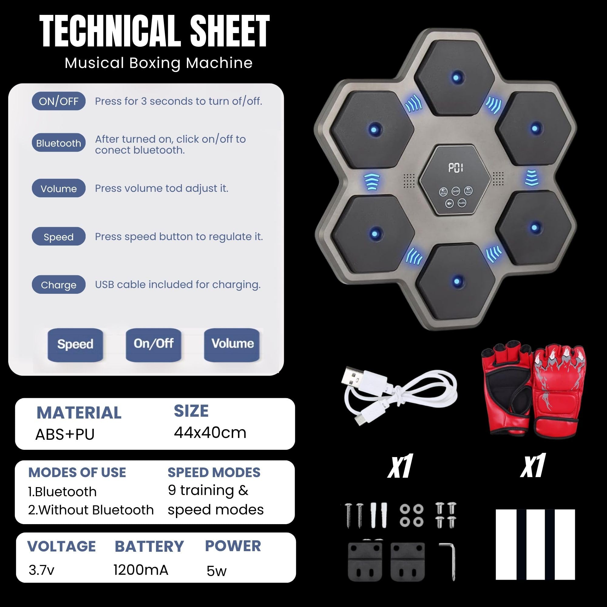 Macchina per l'allenamento di boxe musicale. Attrezzatura da boxe da parete con LED, guanti da boxe, Bluetooth e luci al ritmo della musica. Macchina da boxe per bambini/adulti. (9 modalità, 45 x 45