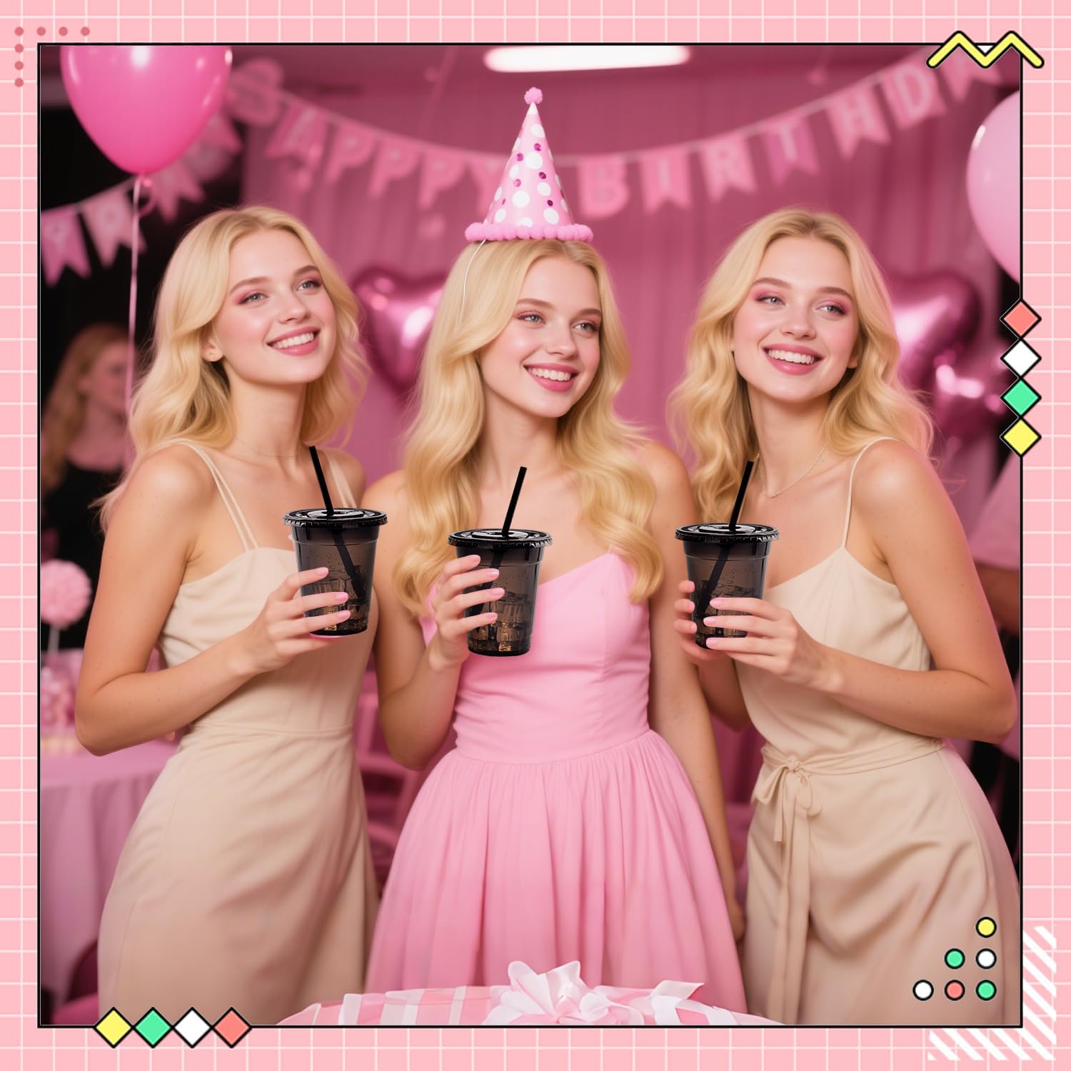 100 Set Black Plastic Cups with Lids and Straws 12 oz Disposable Drinking Clear Cups for Wedding Black Birthday Party Supplies