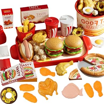 62 Pcs Realistic Fake Food Model Set, Hamburger Fried Chicken Pizza Simulation Food Props, Plastic Artificial Food Decoration for Shop Window Display Party Photography, Not for Children