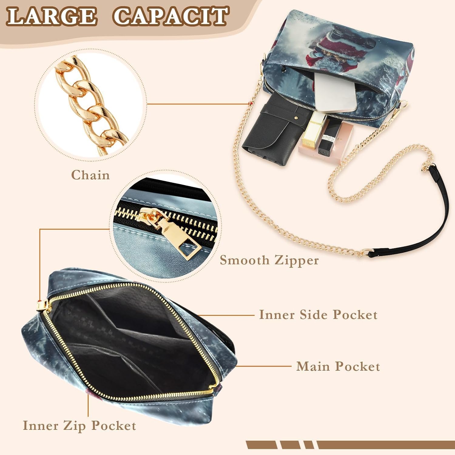 Skating Santa Christmas Women's PU Leather Crossbody Bag Shoulder Handbag Cellphone Purse with Metal Chain Strap Water Resistant Zipper Closure