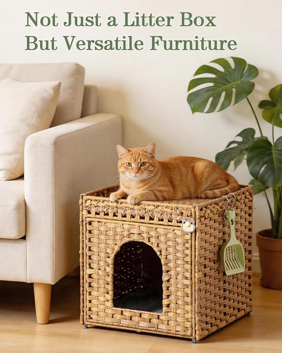 SETVSON Cat Litter Box Enclosure Furniture, Hidden Litter Box with Mat and Fence, Handwoven Rattan Cat House with Two S-Shaped Hooks for Living Room, Bedroom, 18.5 x 20.5 x 19.1 Inches (Natural)