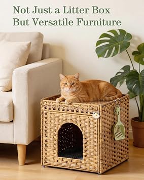SETVSON Cat Litter Box Enclosure Furniture, Hidden Litter Box with Mat and Fence, Handwoven Rattan Cat House with Two S-Shaped Hooks for Living Room, Bedroom, 18.5 x 20.5 x 19.1 Inches (Natural)