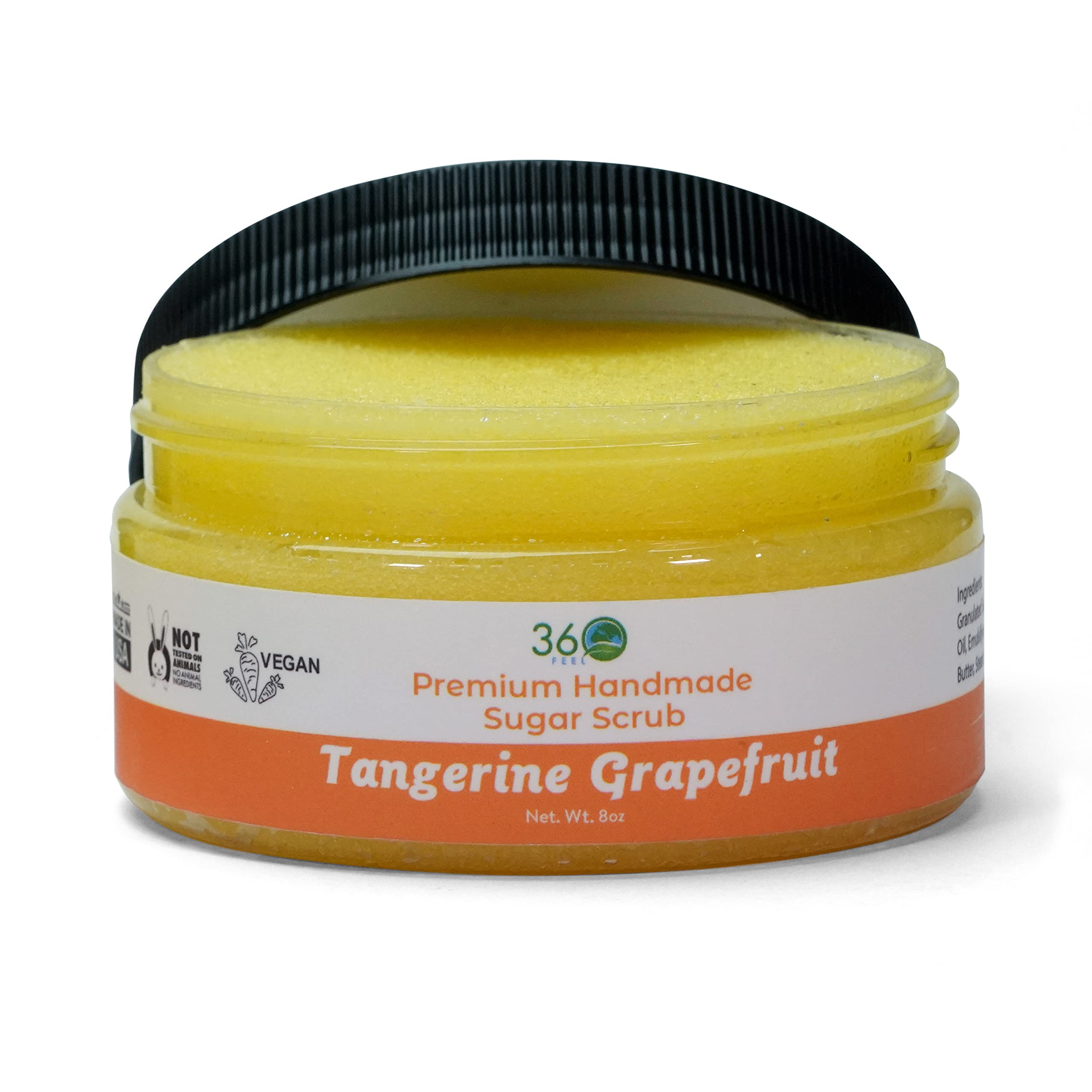 360Feel Sugar Body Scrub - Tangerine Grapefruit - Great as a Face Scrub & Exfoliating Body Scrub for Acne Scars, Stretch Marks, Foot Scrub, Great Gifts For Women - 8 Fl Oz, Cream