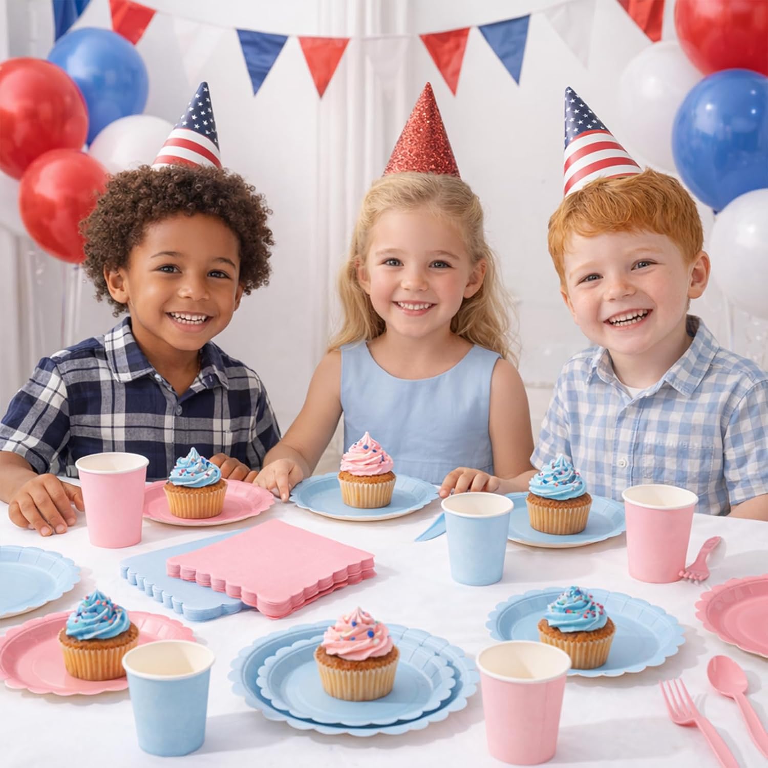 LIYH 350 Pcs Gender Reveal Pink and Blue Plates and Napkins Set for 50 Guest Party Supplies Include Scalloped Paper Plates Cocktail Napkins Cups Spoons Forks Knives for Baby Shower,Birthday
