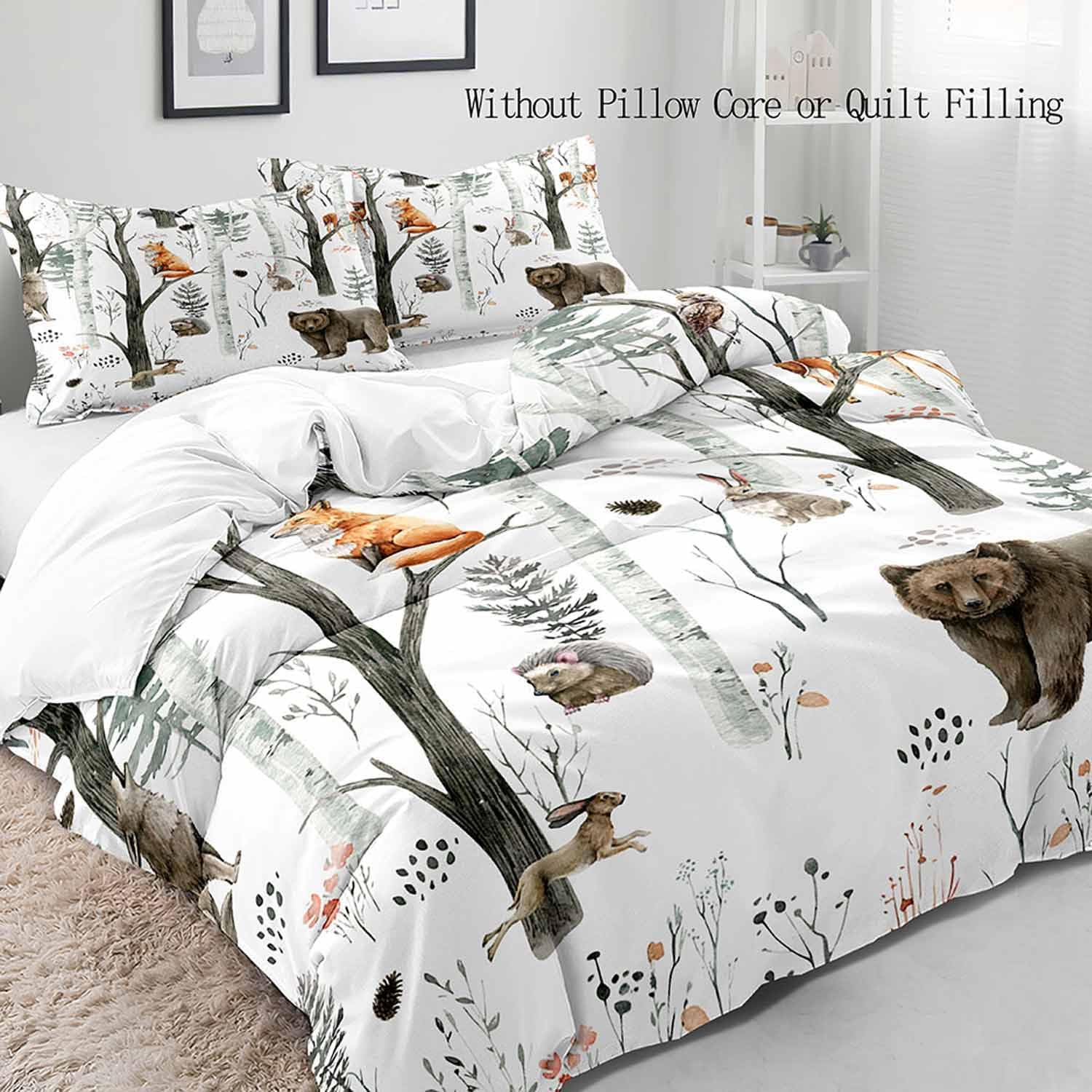VIVIHOME 2PCS Woodland Forest Animal Duvet Cover Twin Bedding Sets, White Duvet Cover, Toddler Baby Boys Girls Kids Bedding, Bear Deer Fox Wolf Rabbit Rustic Lodge Cabin Comforter Cover, 1 Pillowcase