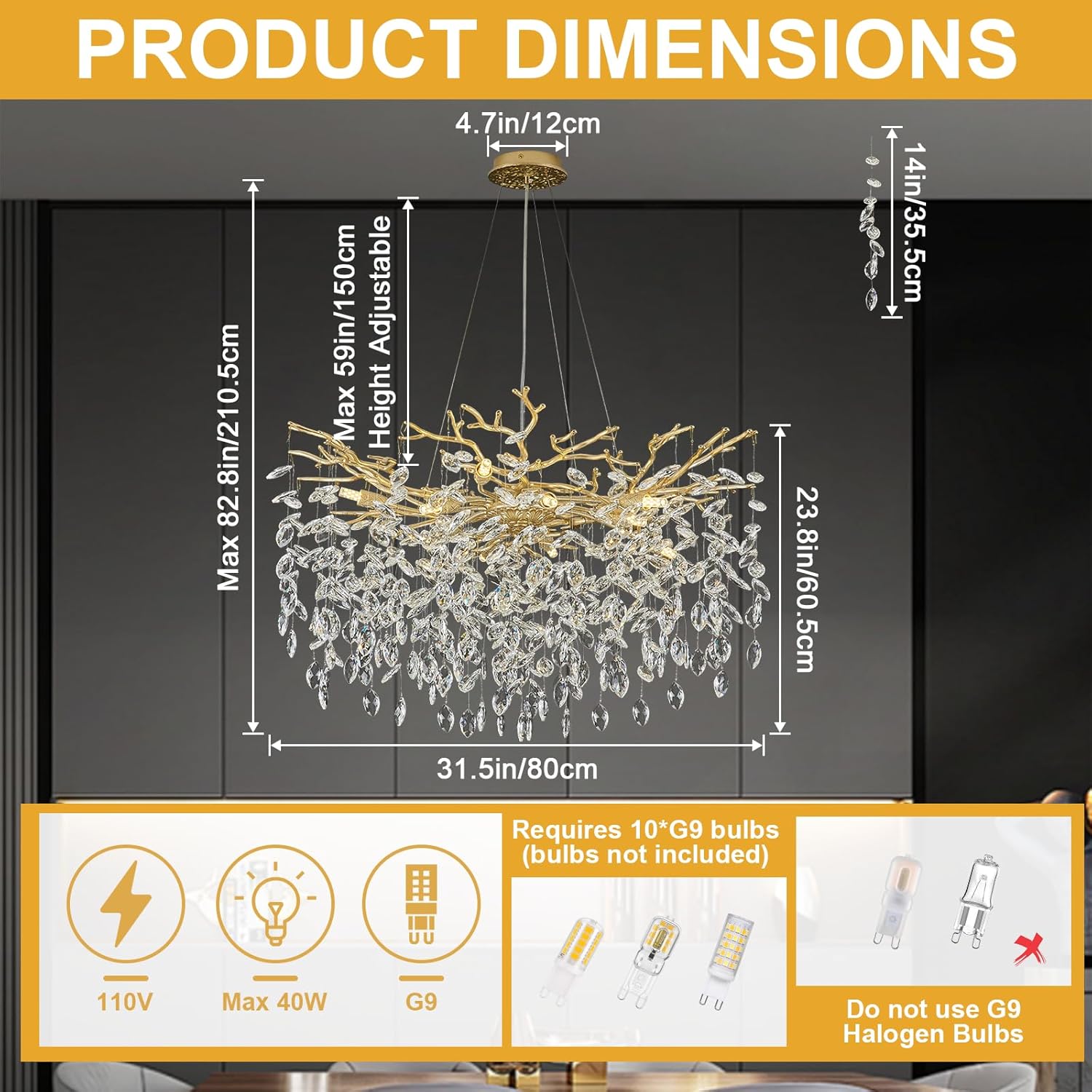 31.5" Modern Crystal Chandeliers for Dining Room,Gold Crystal Tree Branches Chandelier, Round Dining Room Chandelier Over Table, Chandeliers for Living Room, Entryway,Foyer