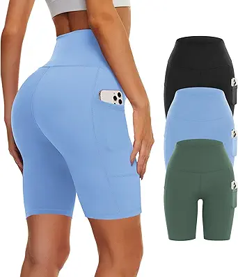 3 Pack Biker Yoga Shorts with Pockets for Women, High Waist Tummy Control Workout Running Gym