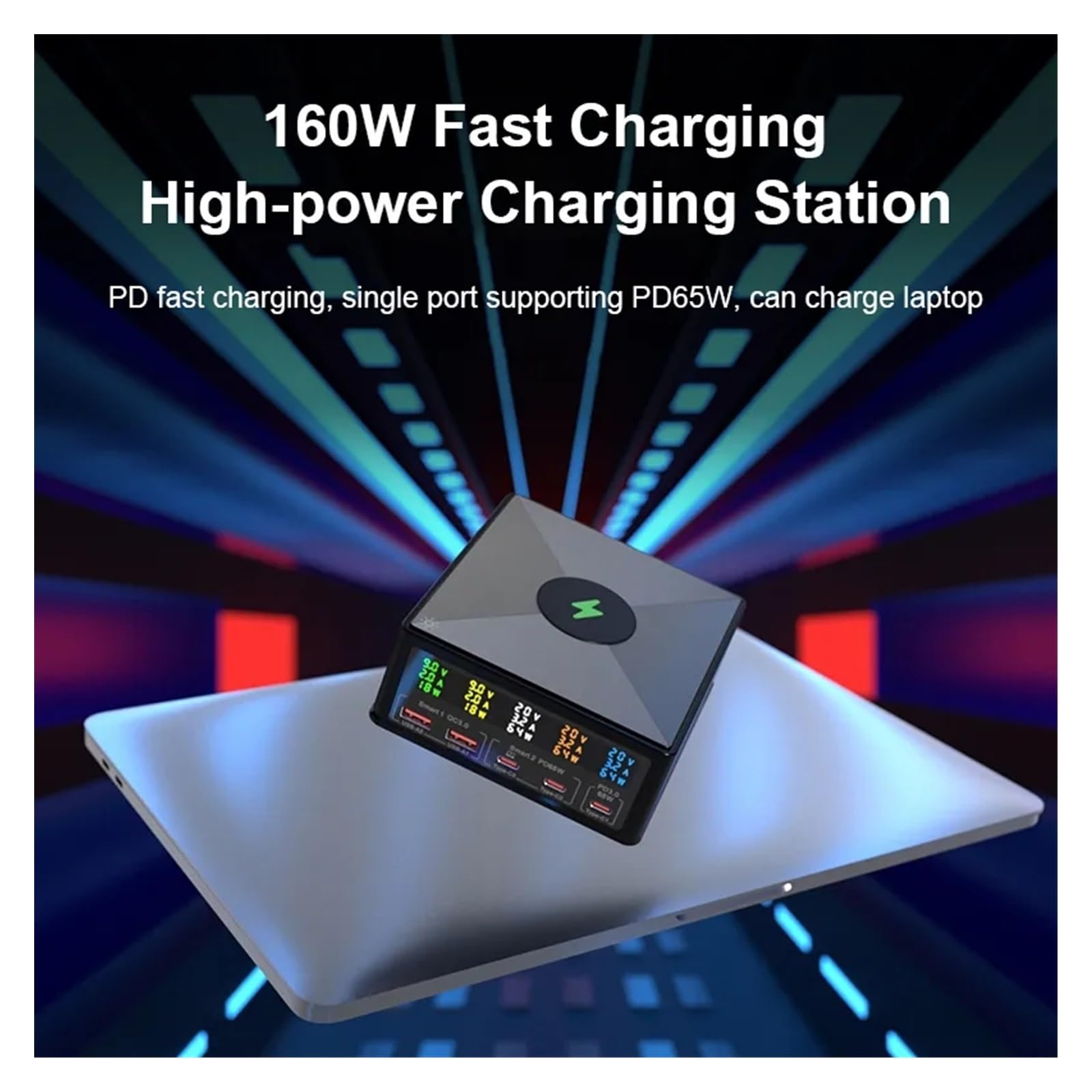Caricatore USB Multiplo, Hub USB da 160 W a 5 Porte con Caricabatterie Wireless da 15 W, Display LCD, Caricatore rapido USB-C QC3.0 PD 65 W, Ricarica Sicura