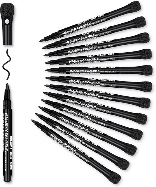 Black Whiteboard Pens Whiteboard Markers: 12 Magnetic White Board Markers Erasable Dry Wipe Markers, Fine Tip Whiteboard Pen Dry Erase Marker for Kids Teachers Whiteboards, Thin Whiteboard Marker Pens