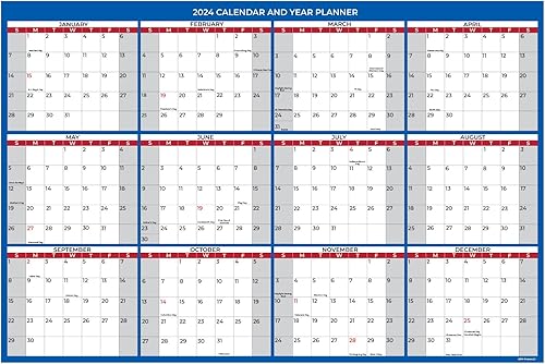 Calendario de pared mensual 2024 grande laminado de borrado en húmedo y seco, tamaño 18 x 12 pulgadas, planificador de pared anual anual de 12