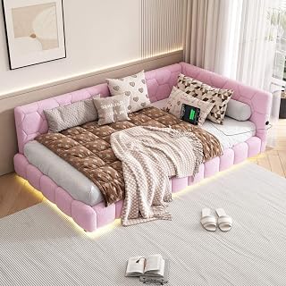 Cama de 90 x 200 cm, cama moderna con iluminación ambiental en 16 colores, sofá de madera con conexión USB, material Confort, Pink