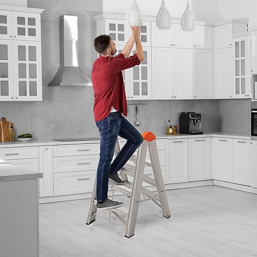 Miniatura 7 de Escalera de aluminio, escalera frontal plegable doble, escalera plegable de 3 escalones, taburete compacto con pedal ancho antideslizante, escalera