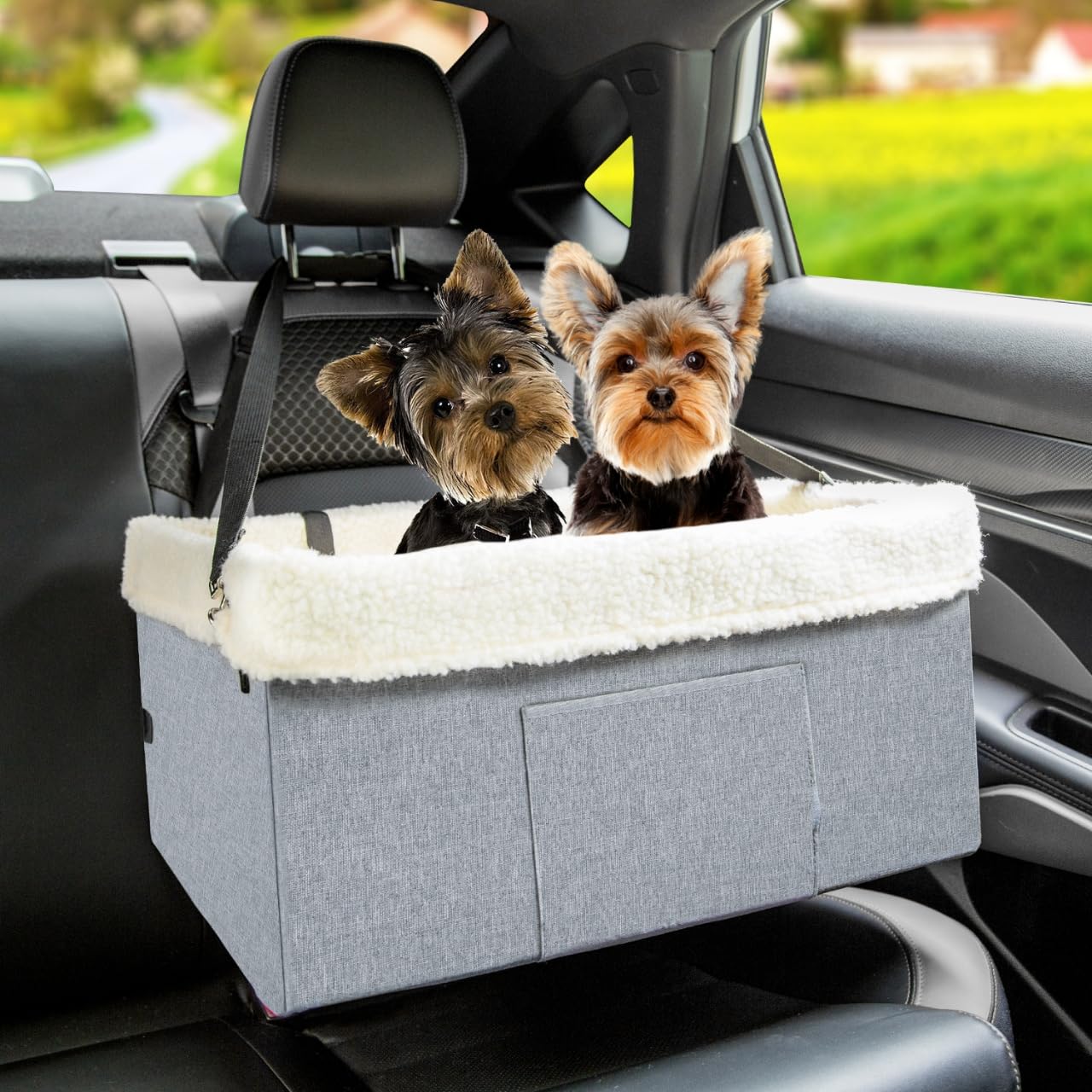 UNICITII Dog Car Seats for Small Dogs-Elevated Pet Dog Booster Seat for Dog,Raised Dog Lookout Car seat w/Clip-On Safety Leash Adjustable Pet Travel Seat