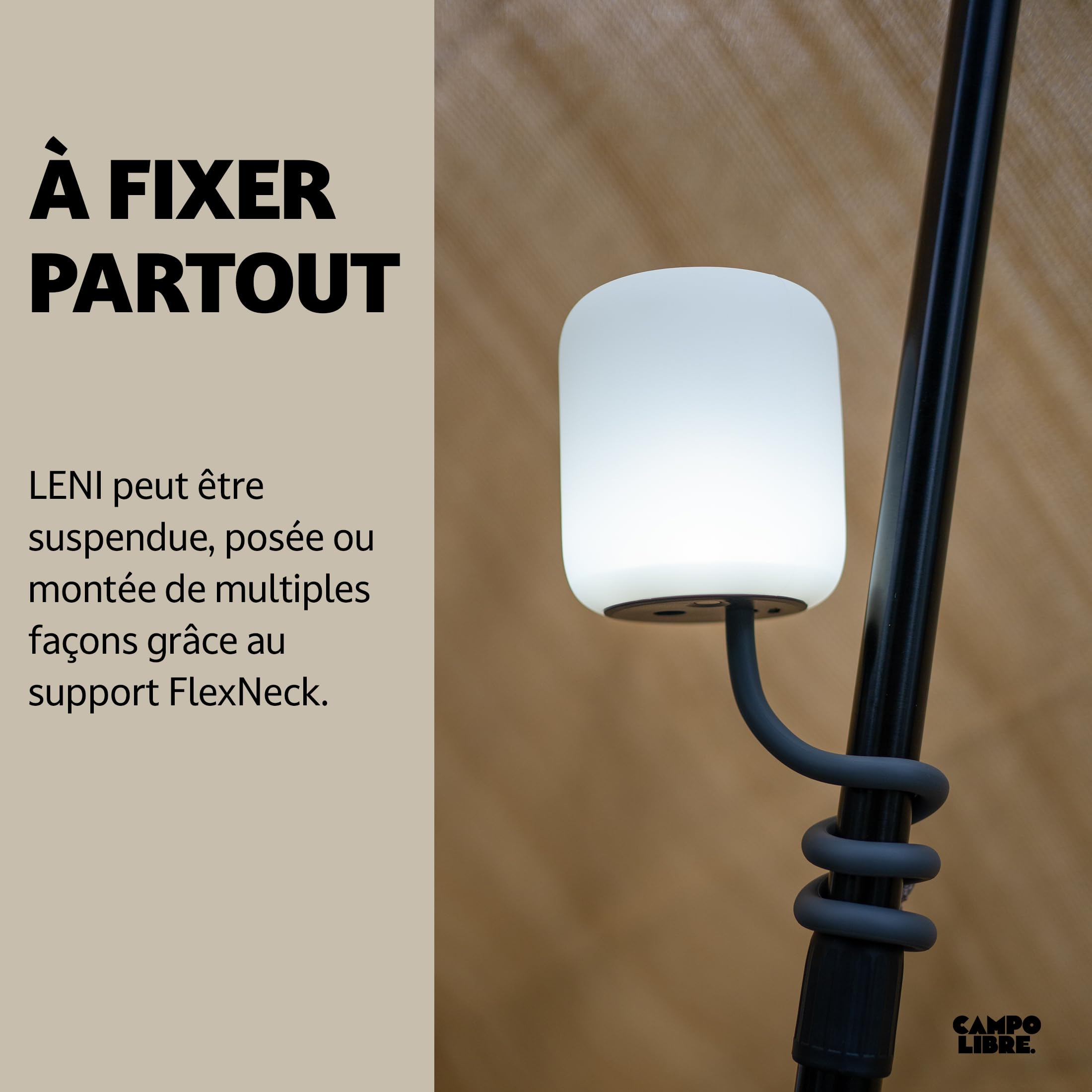 Campo Libre.® LENI Lampe de Camping – Lumiere Exterieure avec Poignée Flexible, Lampe LED Dimmable, Lanterne IPX4, 200 h d’Autonomie, Coque SqueezeShell Incassable, Recharge USB-C, Rectangle, Gris