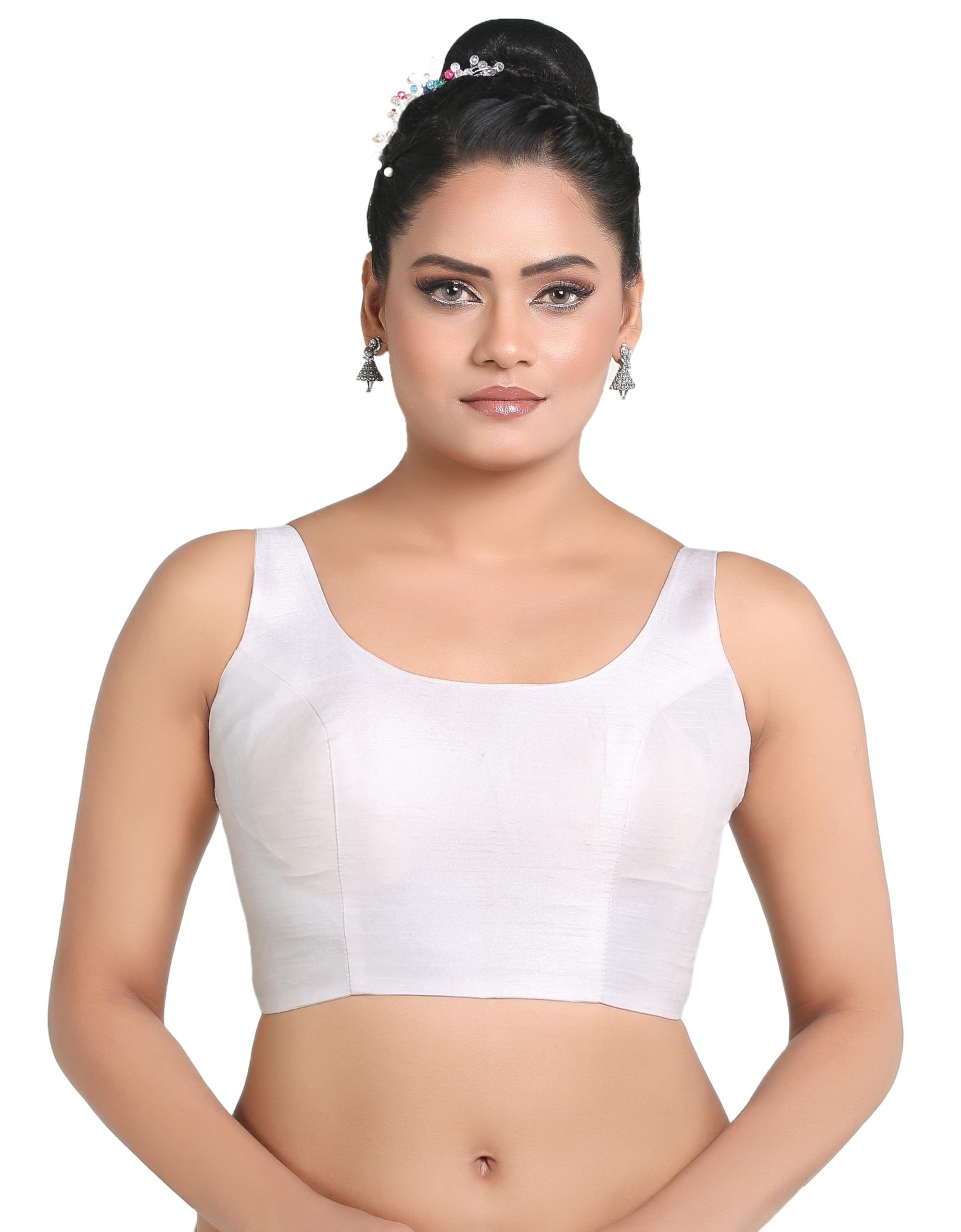 Photo 1 of Madhu Fashion Womens Solid Pattern Sleeveless Padded Readymade Saree Blouse (White; 36)