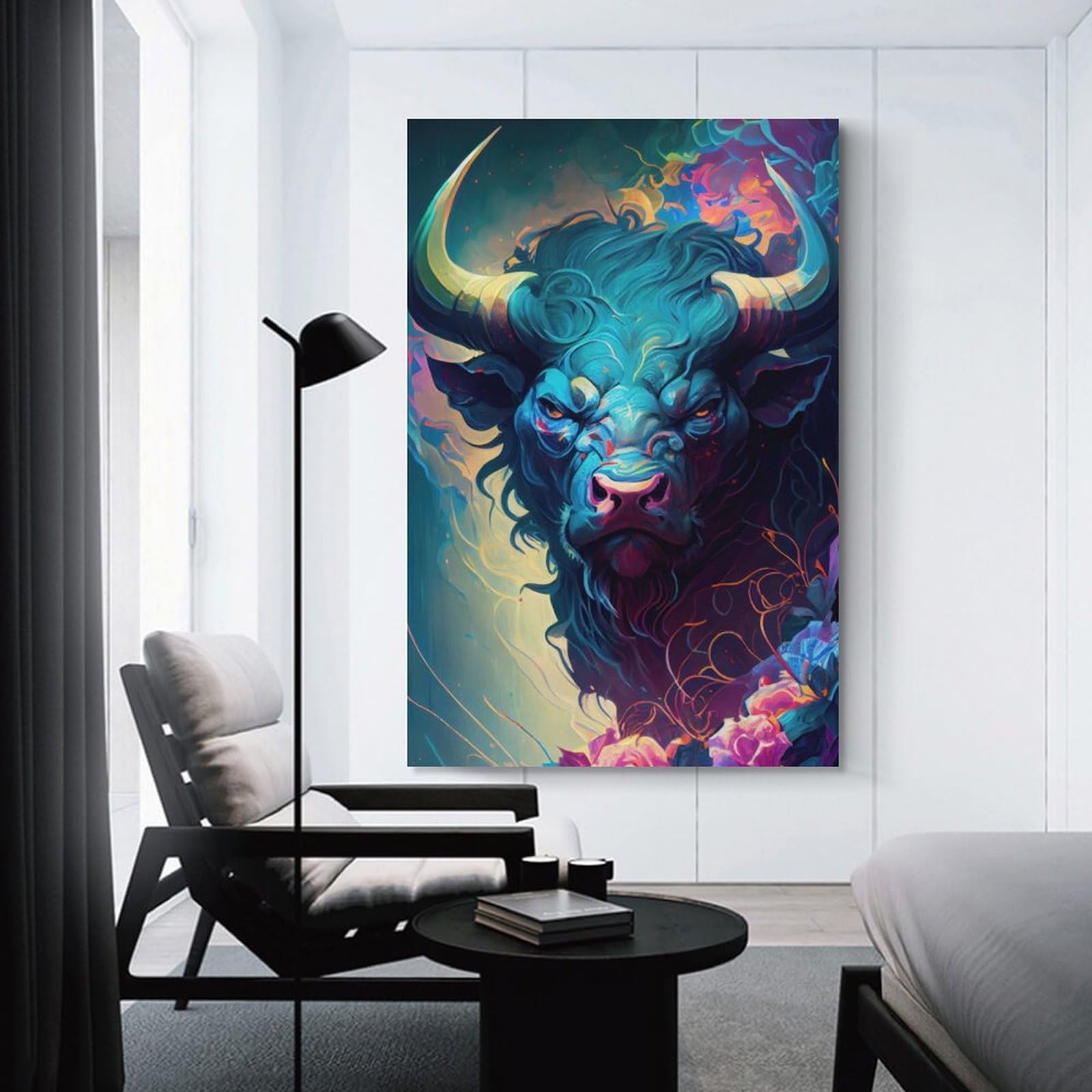 Junmoney Unframe-The Blue Angry Bull Decorative Wall Artwork The Blue Angry Bull, 24X36inch(60X90cm), For Lounge, Bedroom Or Personal Spaces, Thoughtful Wall Decor For Art Lovers