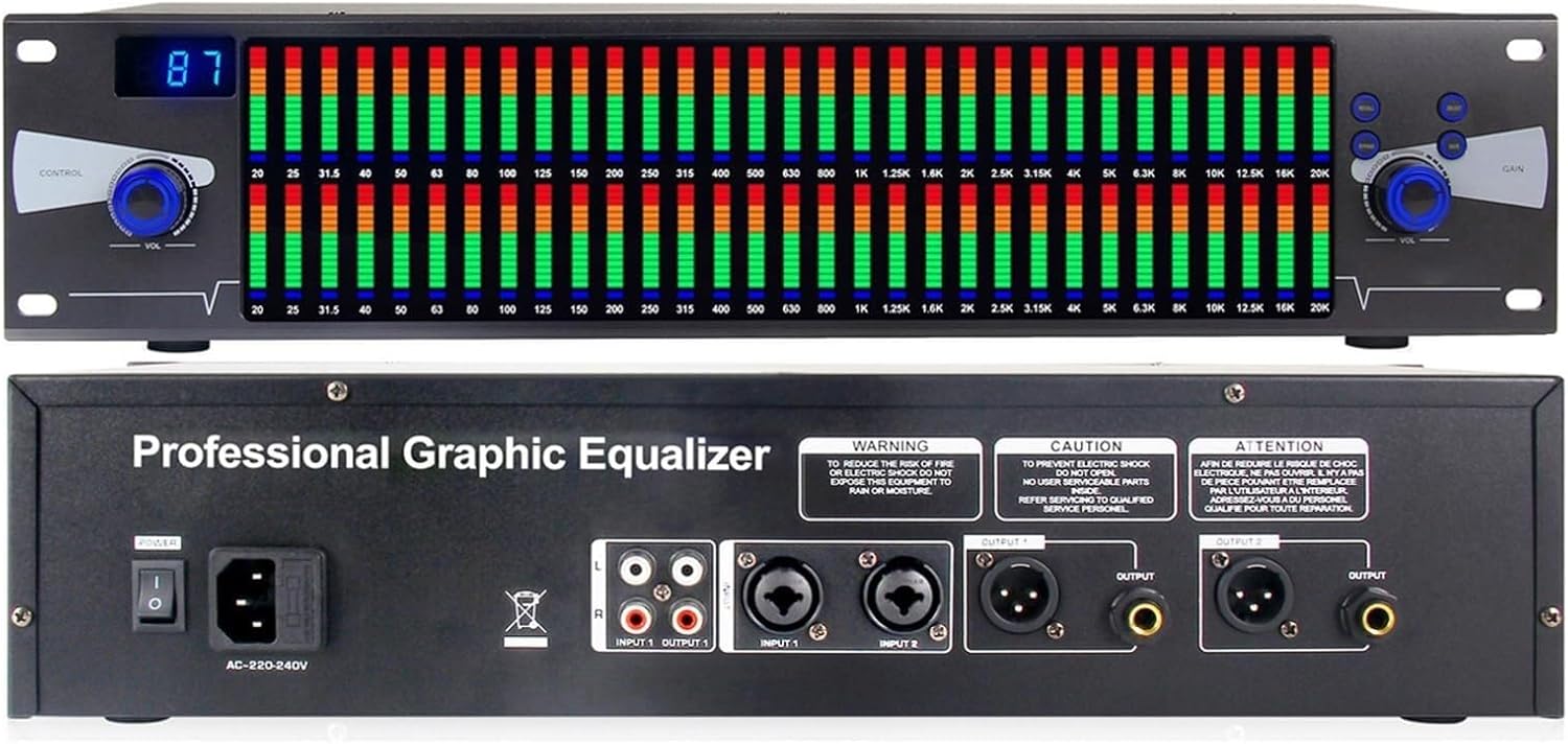 Stereo Audio Equalizer,31-Band Stereo Graphic EQ, with 10 Preset Effects and Low/mid/Treble Adjustment for Recording Studio