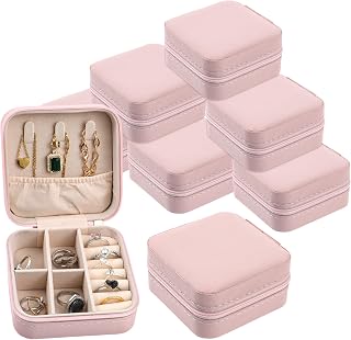 HOFURME 6 Pack Pink Travel Jewelry Case Bridesmaid Gifts Box, Small Jewelry Box Mini Jewelry Organizer, PU Leather Portable Earring Storage Box for Women Girls Bridesmaid Proposal Gifts