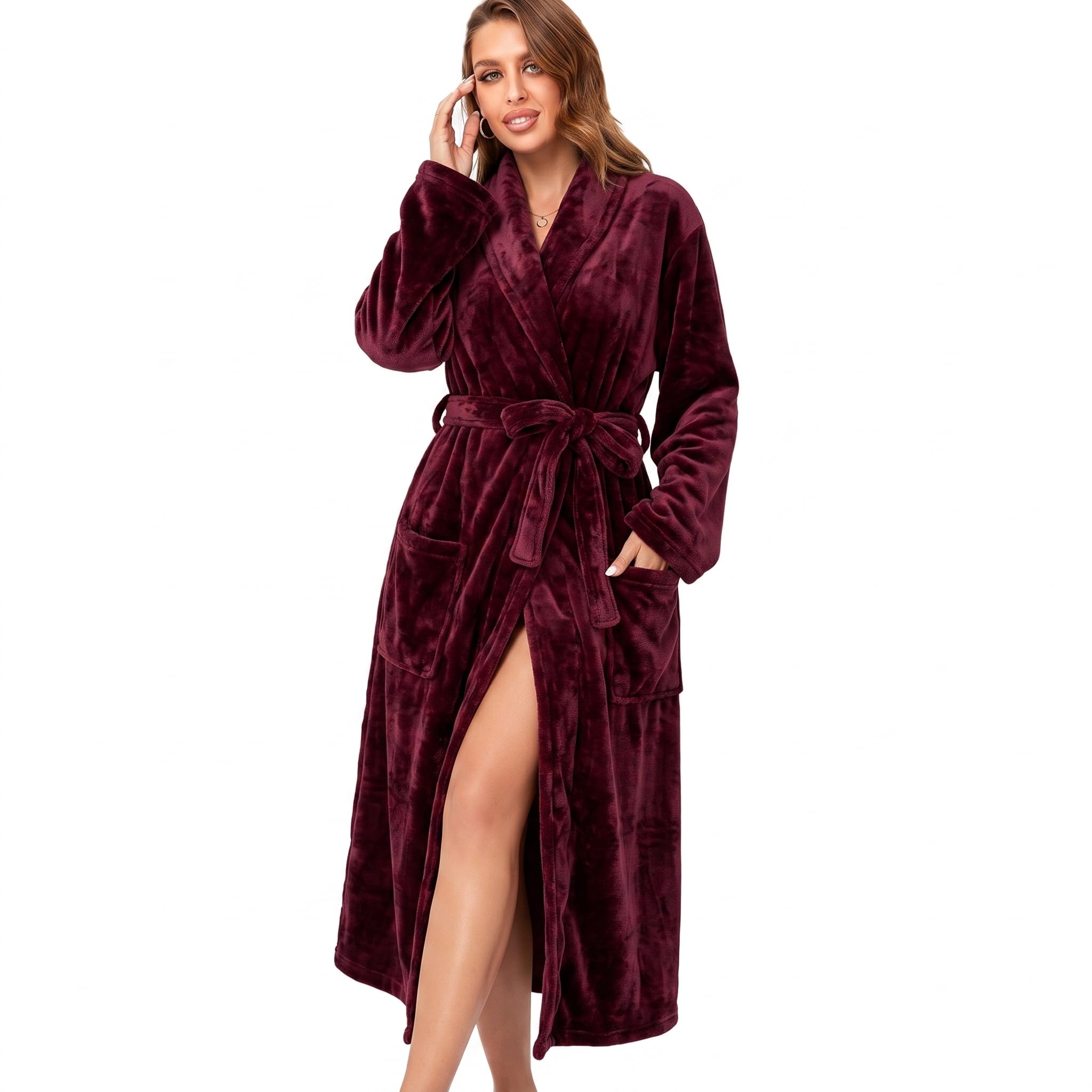 RONGTAI Langer Damen-Bademantel aus Plüsch-Fleece, dick, mit Kapuze, mit Taschen, flauschige Nachtwäsche für Herren