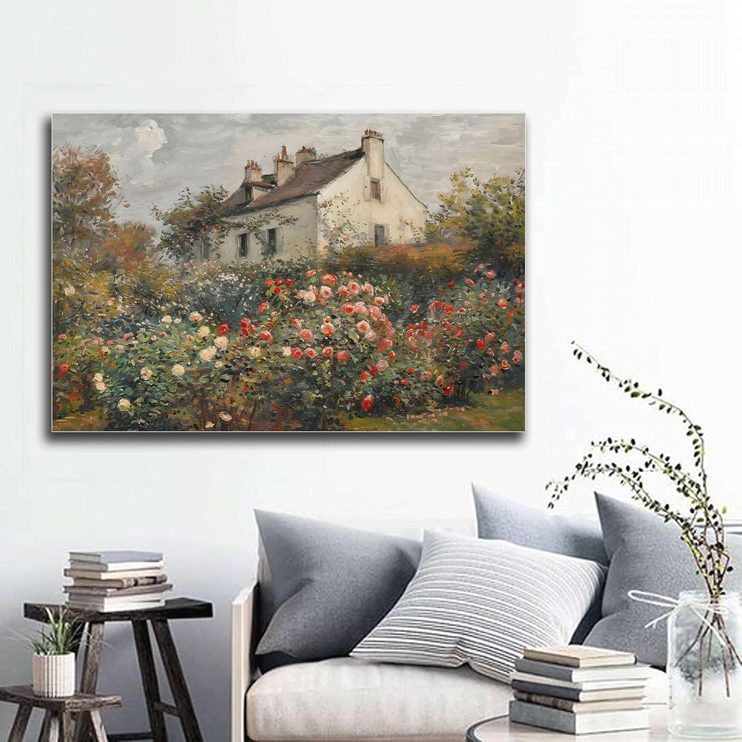 SENLYCH Printed Canvas Painting Wall Art Vintage Rose Garden Painting English Cottage Poster Dining Room Decor Rustic Floral Print Living Room and Bedroom Home Decoration 16x24inch Without Frame