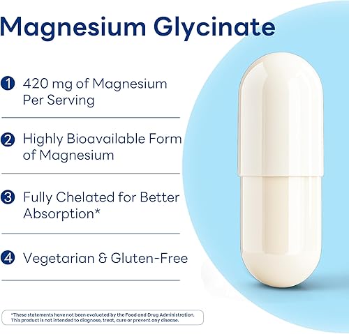 Miniatura 3 de Vitamin World Glicinato de magnesio de 420 mg con BioPerine, suplemento de magnesio quelado de alta absorción para relajación, corazón, músculo,