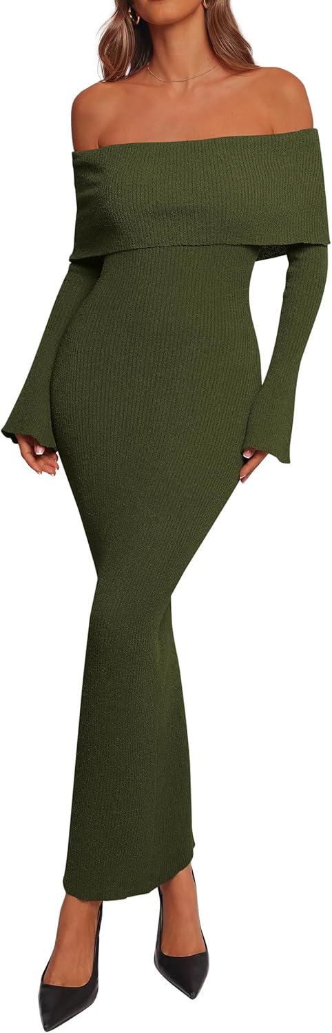 dowerme Women's Off The Shoulder Sweater Dress 2026 Formal Long Sleeve Bodycon Maxi Wedding Guest Dresses Spring Outfits