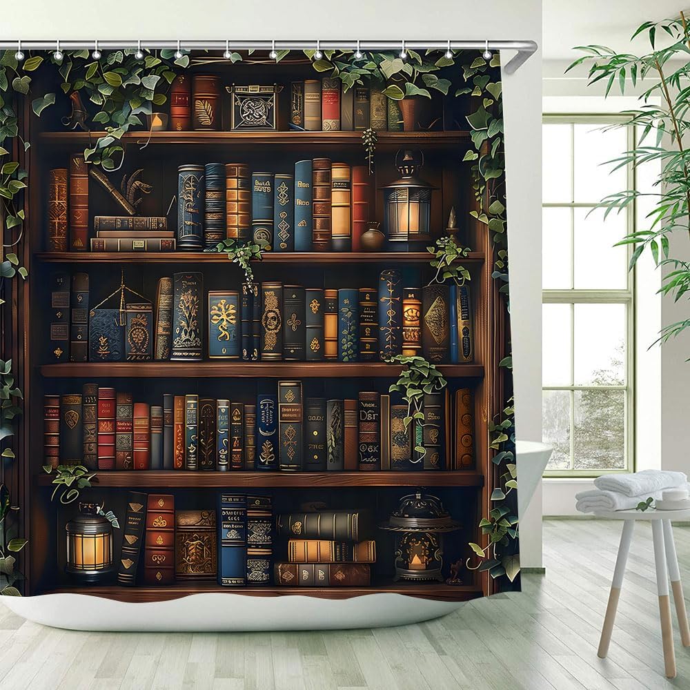 Library Shower Curtain Vintage Bookshelf Books Retro Old Bookcase Magic Bookrack Education Reading House Green Leaves Wooden Board Bathroom Decor Polyester Fabric Curtains with Hook 90Wx70H Inches