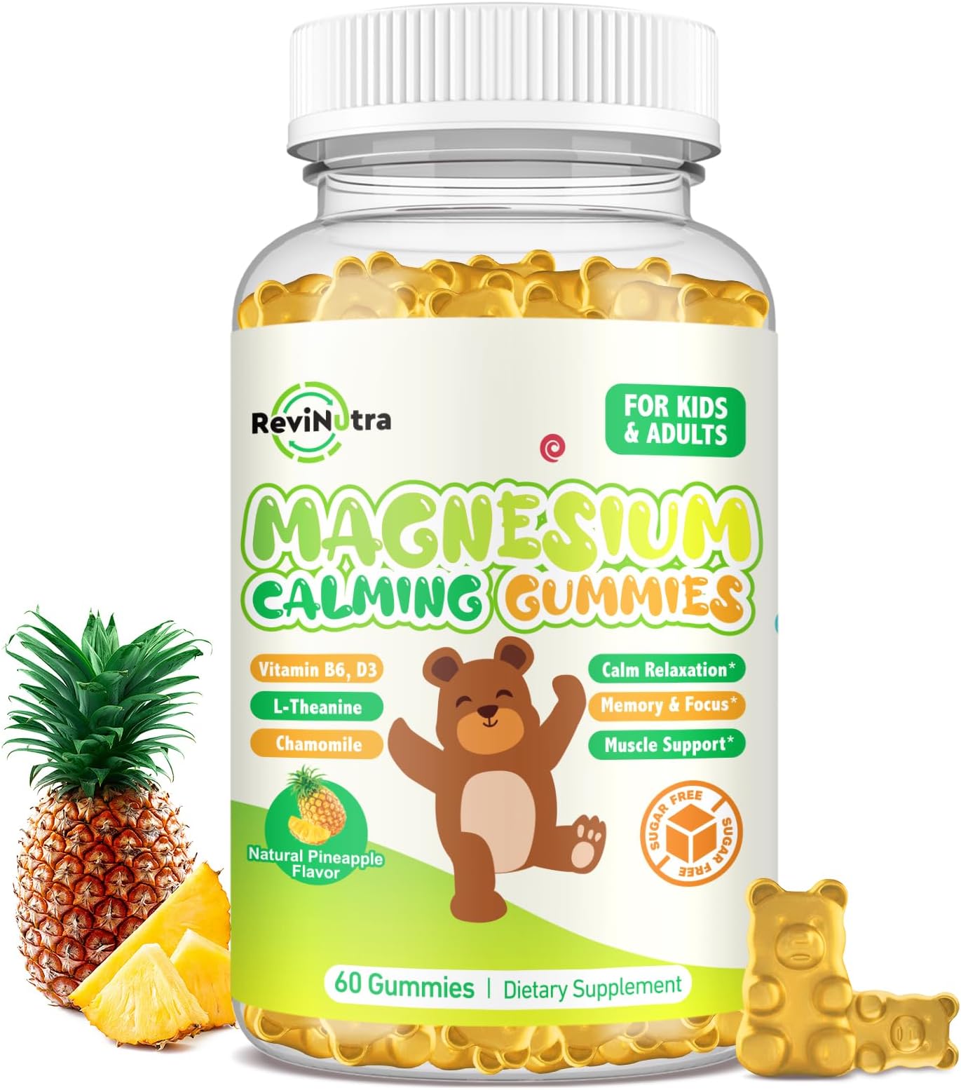 Magnesium Gummies for Kids - Magnesium Glycinate Gummies Supplement with L-Theanine, Vitamin B6, D3 for Adults & Kids, Calm Magnesium for Sleep, Relaxation, Brain, Bones,Sugar Free Pineapple 60ct