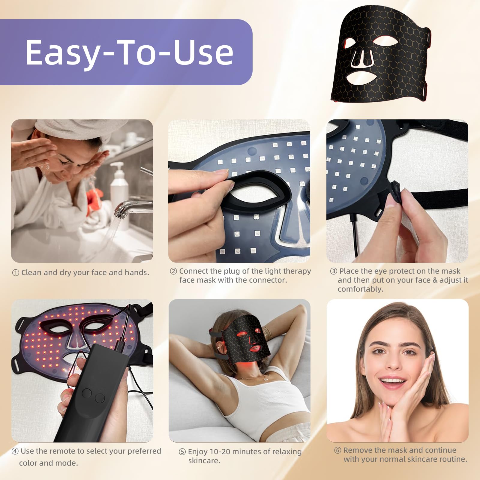 LED Maske Gesicht – LED Gesichtsmaske Lichttherapie mit 7 Modi, Red Light Therapy Face Mask 7 Funktion Mit Controller, Aufladbar Rotlicht Maske Gesicht für Anti-Aging (Schwarz)