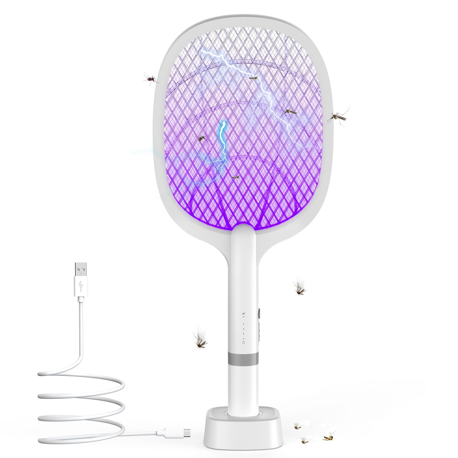 Elektrische Fliegenklatsche 5000V, 2 in 1 USB Type-C Elektrische Mückenklatsche mit Akku Wiederaufladbar & UV Lichtfalle für Mücken, Fliegen, Wespen, Motten