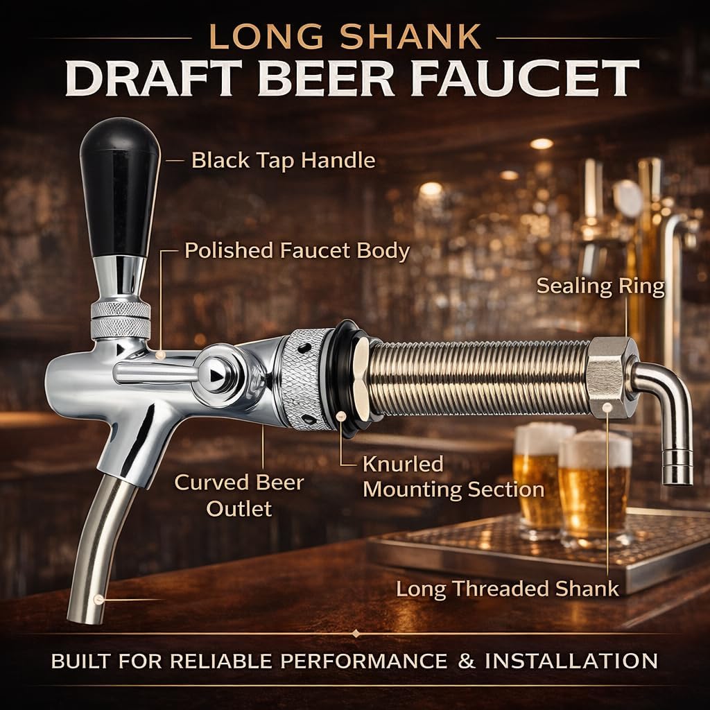 Adjustable Draft Beer Faucet with Long Shank, G5/8 Stainless Steel Beer Tower Faucet Replacement for Kegerator, Homebrew Keg System, Home Bar Tap