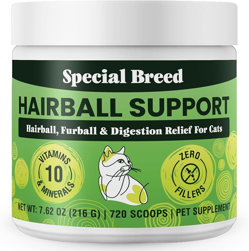Suplemento em Pó para Bolas de Pelo em Gatos Special Breed com Psyllium, Abóbora e Ômega 3, 720 Porções