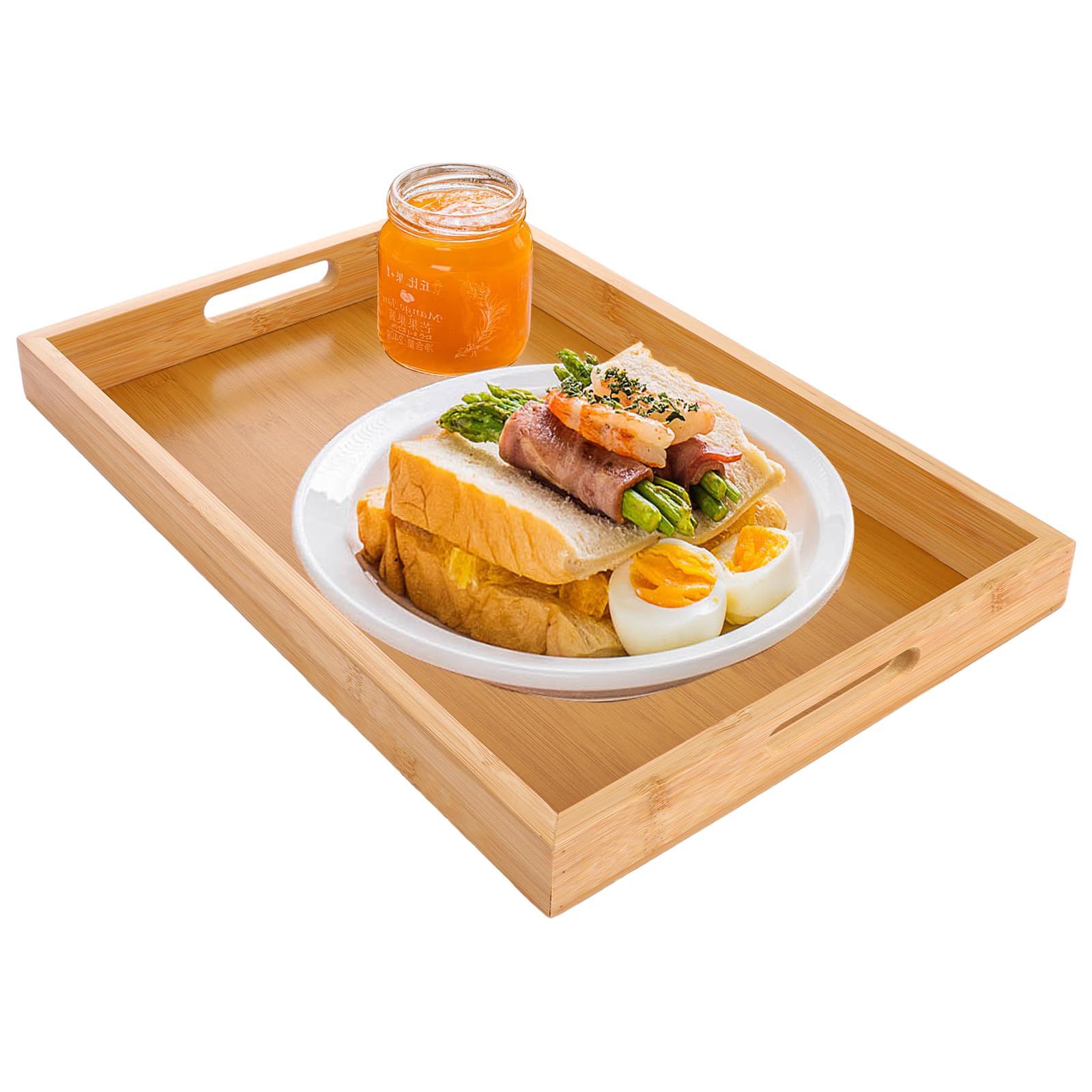 ASelected Serving Tray, Bamboo Trays with Handles Platter Rectangular Trays for Food, Tea, Coffee, Drinks, Breakfast, Lunch, Dinner, More 1 Large Bamboo Tray 38 x 25 x 4 Cm