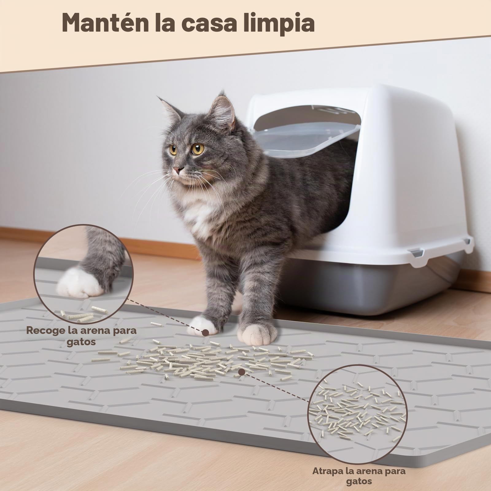 Garoopion Alfombra Grenero Gato, 86x56 cm Alfombrilla Arenero Gato, Silicona Impermeable Alfombra Arena Gatos, Fácil de Limpiar, Gris