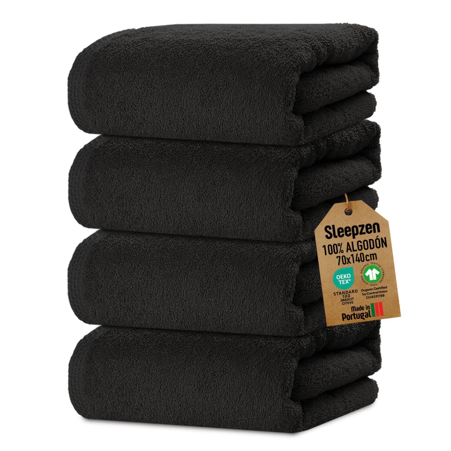 SLEEPZEN - Juego de Toallas de Baño 70x140, Juego de 4 - Negro, en Algodón Orgánico Certificado Gots - 500 g/m² - Ultra absorbentes - Extra Suaves - Fabricadas en Portugal - Certificadas Oeko-Tex