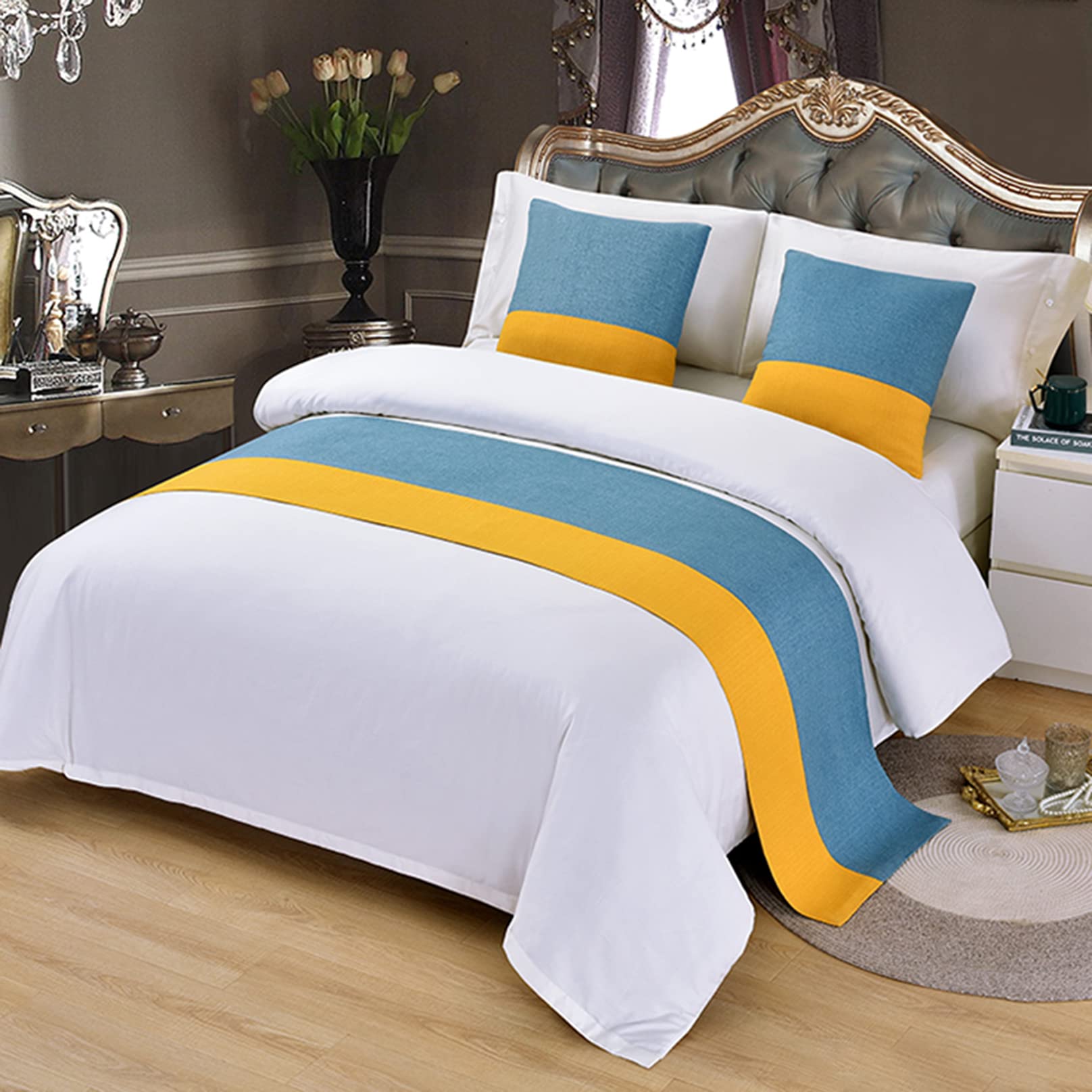 TTiiLoe Pattern Bed Runner for Foot of Bed, Bedroom Bedspread Bed Throw Bedding Protection End Towel Bed Cover Bed Scarf for Hotel Home, Blue Yellow, 50x210cm for 1.5m Bed โ image 1