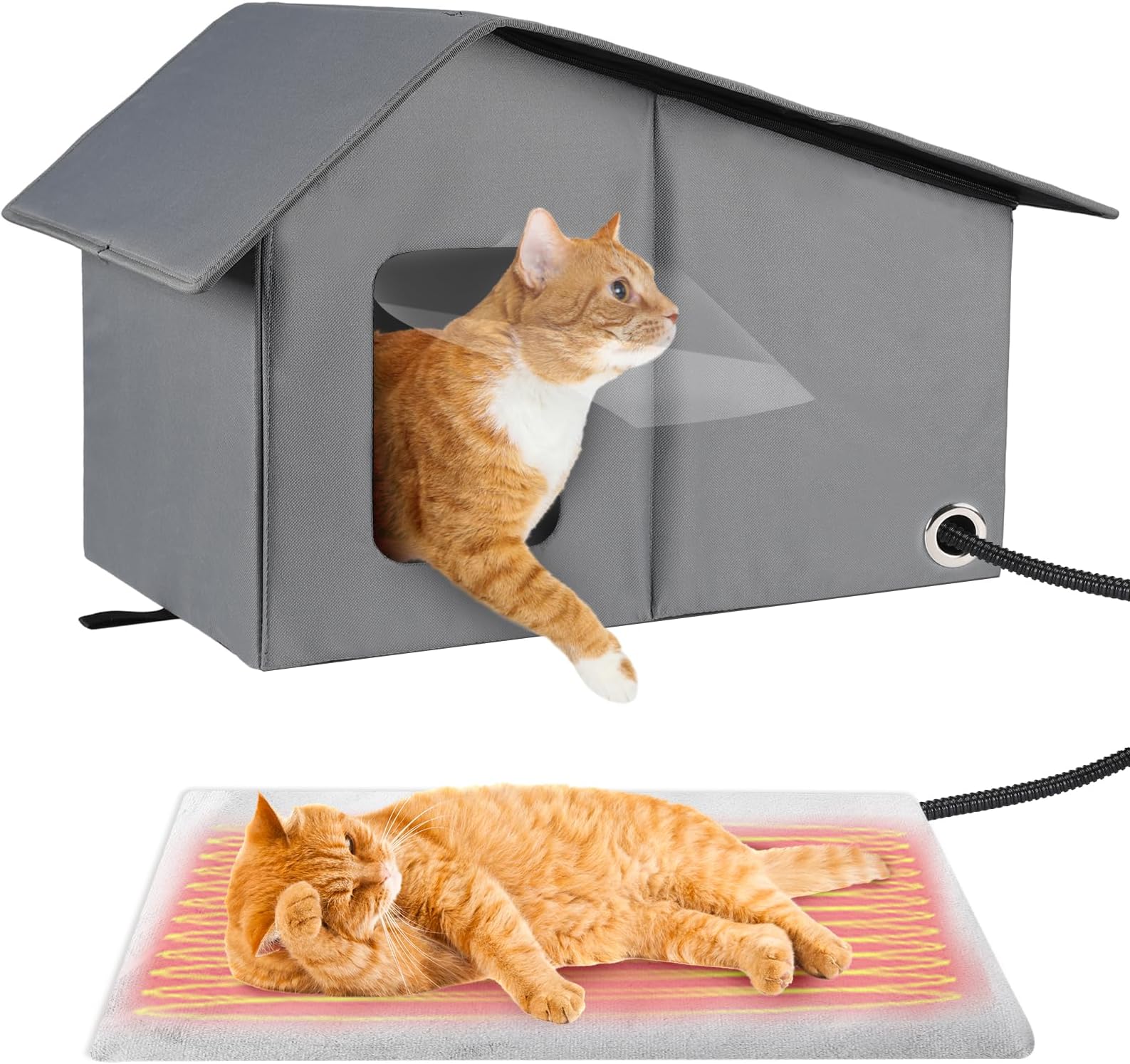 Large Heated Cat House, Waterproof Outdoor Cat Shelter for Winter with Thermostatic